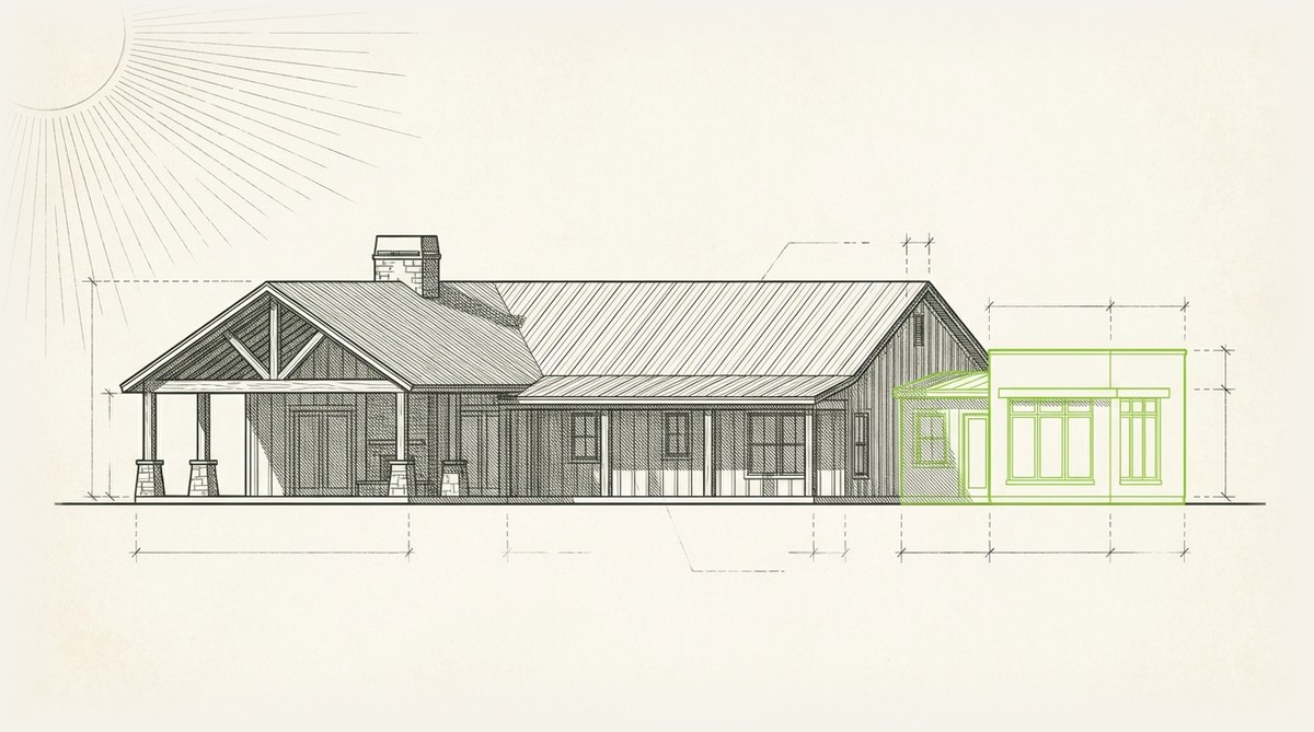 Line engraving of a Texas ranch home with a new addition